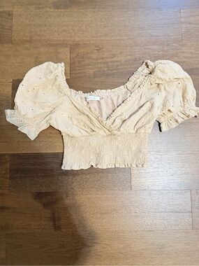 Mustard Seed Beige Eyelet Smocked Crop Top